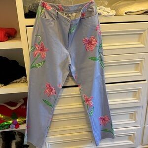 Lilly Pulitzer Blue Pants with Pink and Green Floral Design